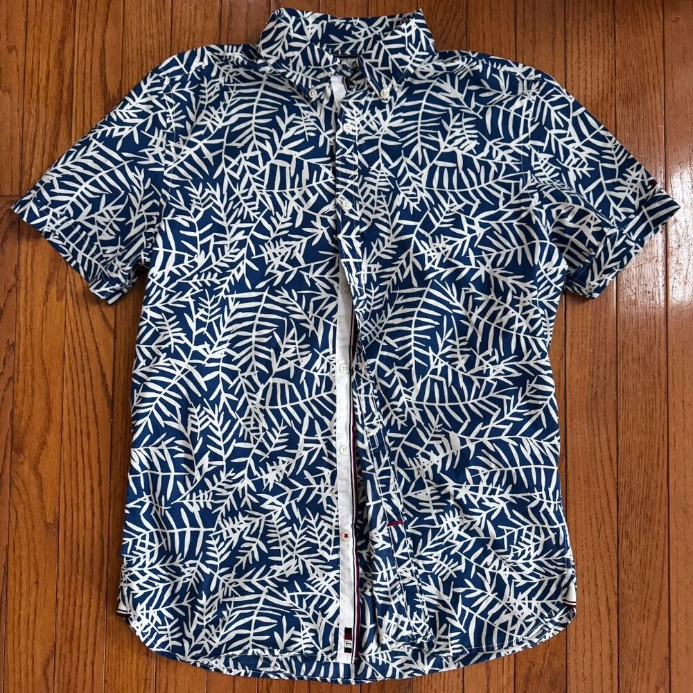 TOMMY HILFIGER Slim Fit Bamboo Print Shirt Medium Blue & White Ribbon Edging